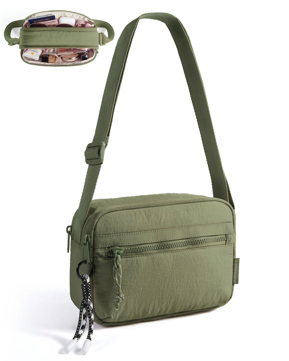 Olive green crossbody shoulder bag with a zippered pocket and adjustable strap.