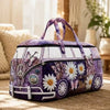 Purple quilted travel duffel bag featuring a Volkswagen Beetle design with floral and peace sign patterns