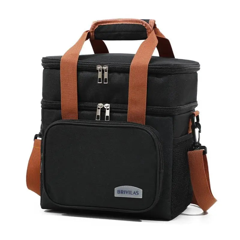 Black insulated double-layer lunch bag with brown straps and buckles
