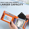An orange card wallet displaying various cards and a black credit card, emphasizing protection against RFID scanning.