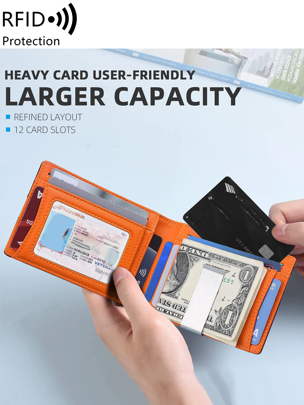 An orange card wallet displaying various cards and a black credit card, emphasizing protection against RFID scanning.
