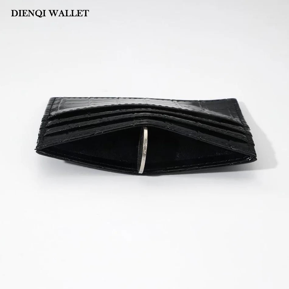 Black crocodile pattern slim card holder wallet shown from the side