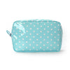 A light blue cosmetic storage bag with white polka dots, shown from the front.