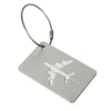 A silver aluminum luggage tag with a braided cord attached.