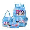 A blue multi-compartment backpack set featuring cute anime characters on the fabric.