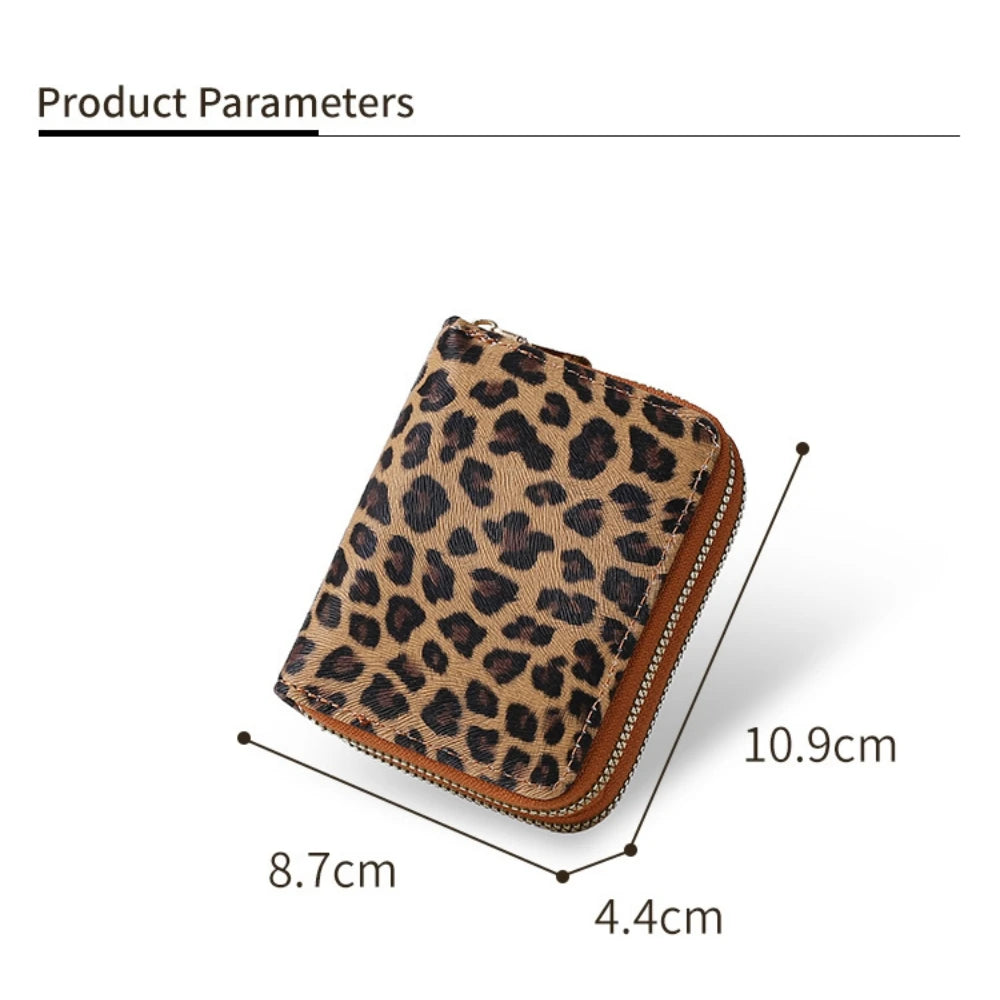 A brown leopard print PU leather compact wallet shown with its dimensions.
