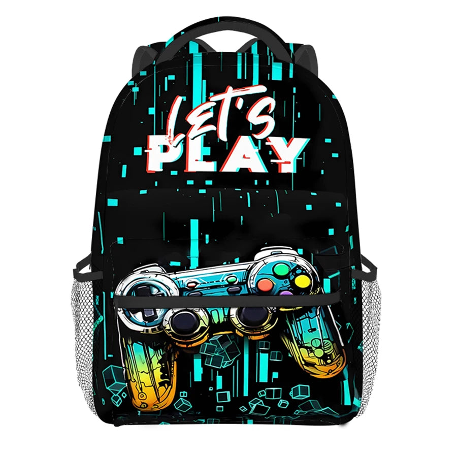 A black backpack featuring a cartoon game controller design with bright blue and neon accents.