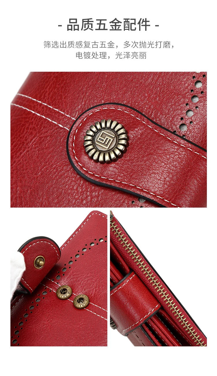 A close-up of a red leather wallet featuring a gold-toned metal emblem and stitching, shown alongside the folded structure.