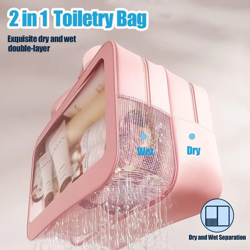 A pink 2-in-1 toiletry bag with a double layer design showing dry and wet separation.
