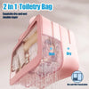 A pink 2-in-1 toiletry bag with a double layer design showing dry and wet separation.