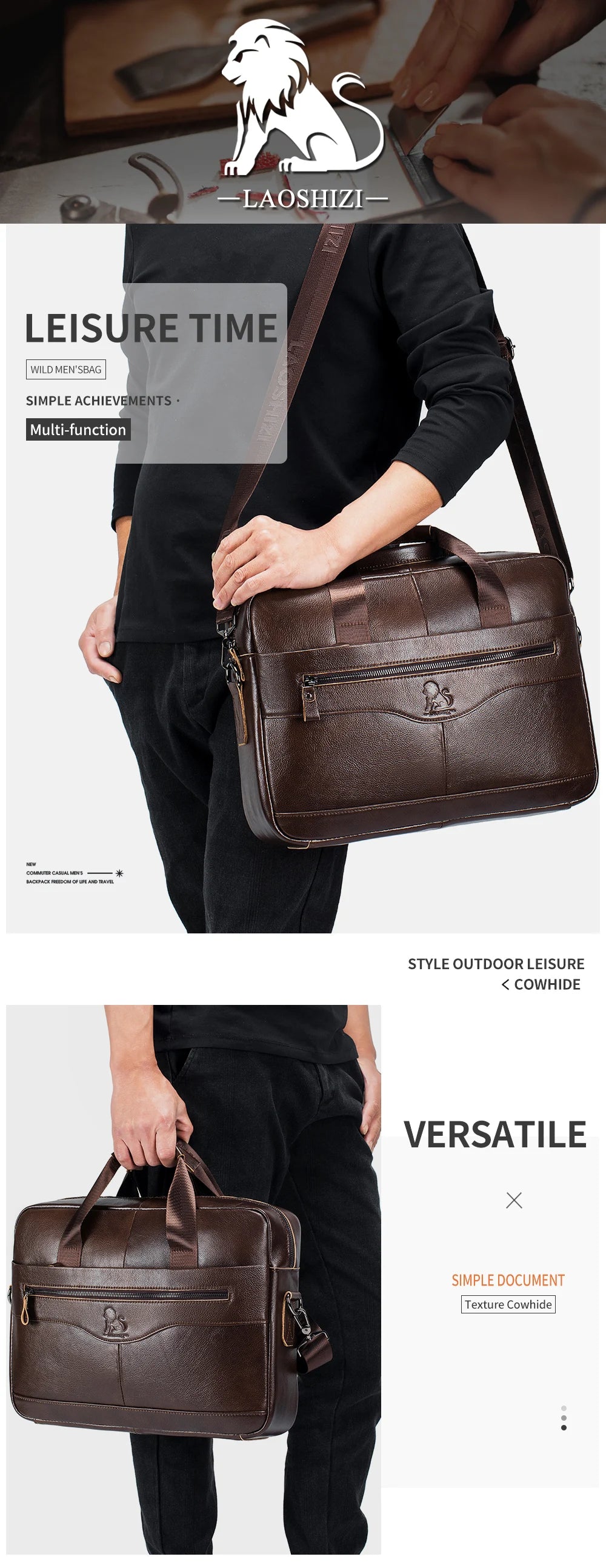A dark brown genuine cowhide leather briefcase bag carried by a person in casual attire.