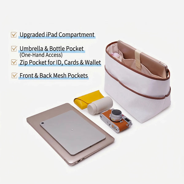 A white tote bag organizer insert featuring various pockets and a laptop sleeve is shown next to a silver laptop.