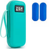 Estuche portátil de insulina color verde azulado con monitor digital de temperatura que muestra 41.5°C y dos paquetes de gel 