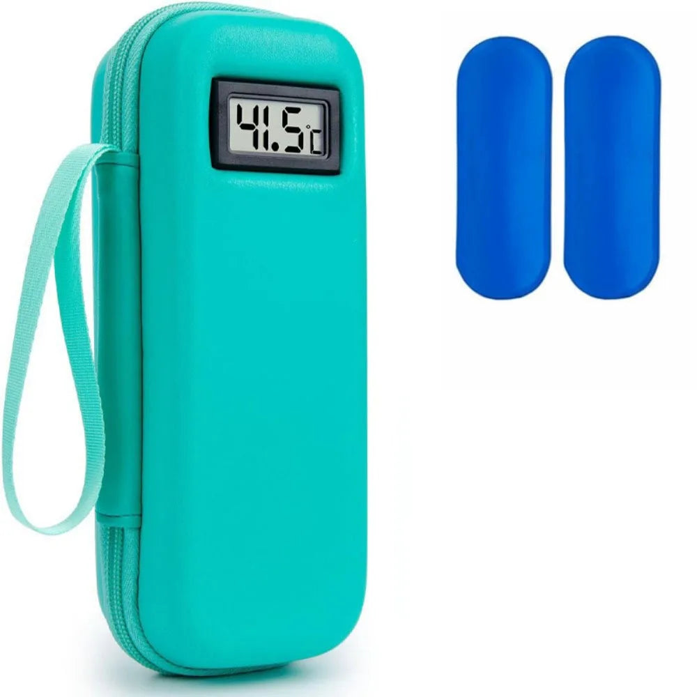 Estuche portátil de insulina color verde azulado con monitor digital de temperatura que muestra 41.5°C y dos paquetes de gel 