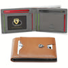 A brown leather card holder with a geometric design shown in a close-up view.