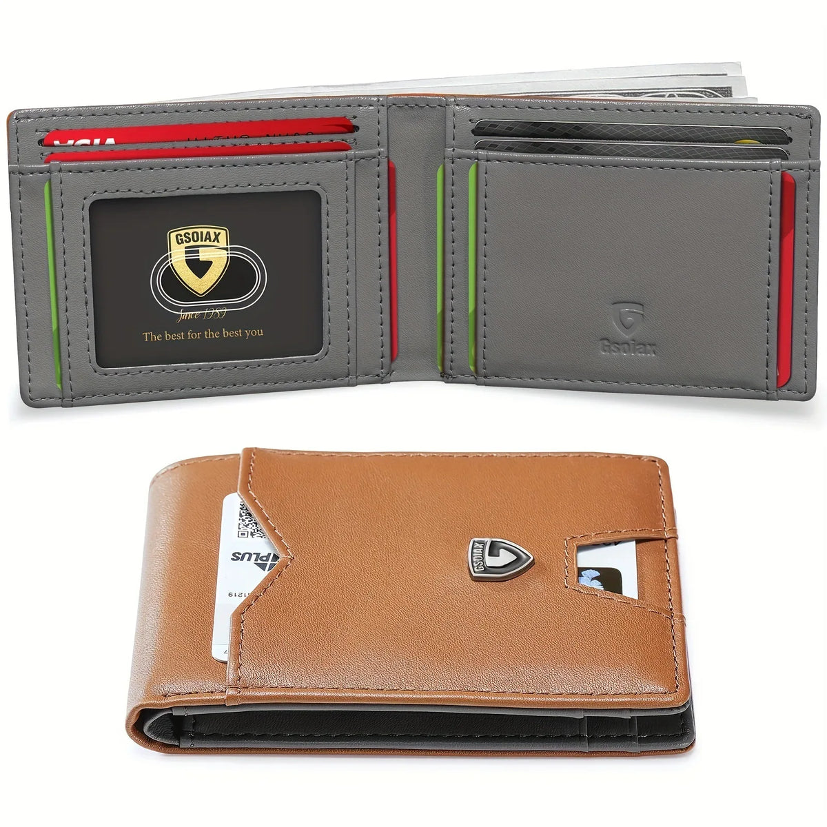 A brown leather card holder with a geometric design shown in a close-up view.