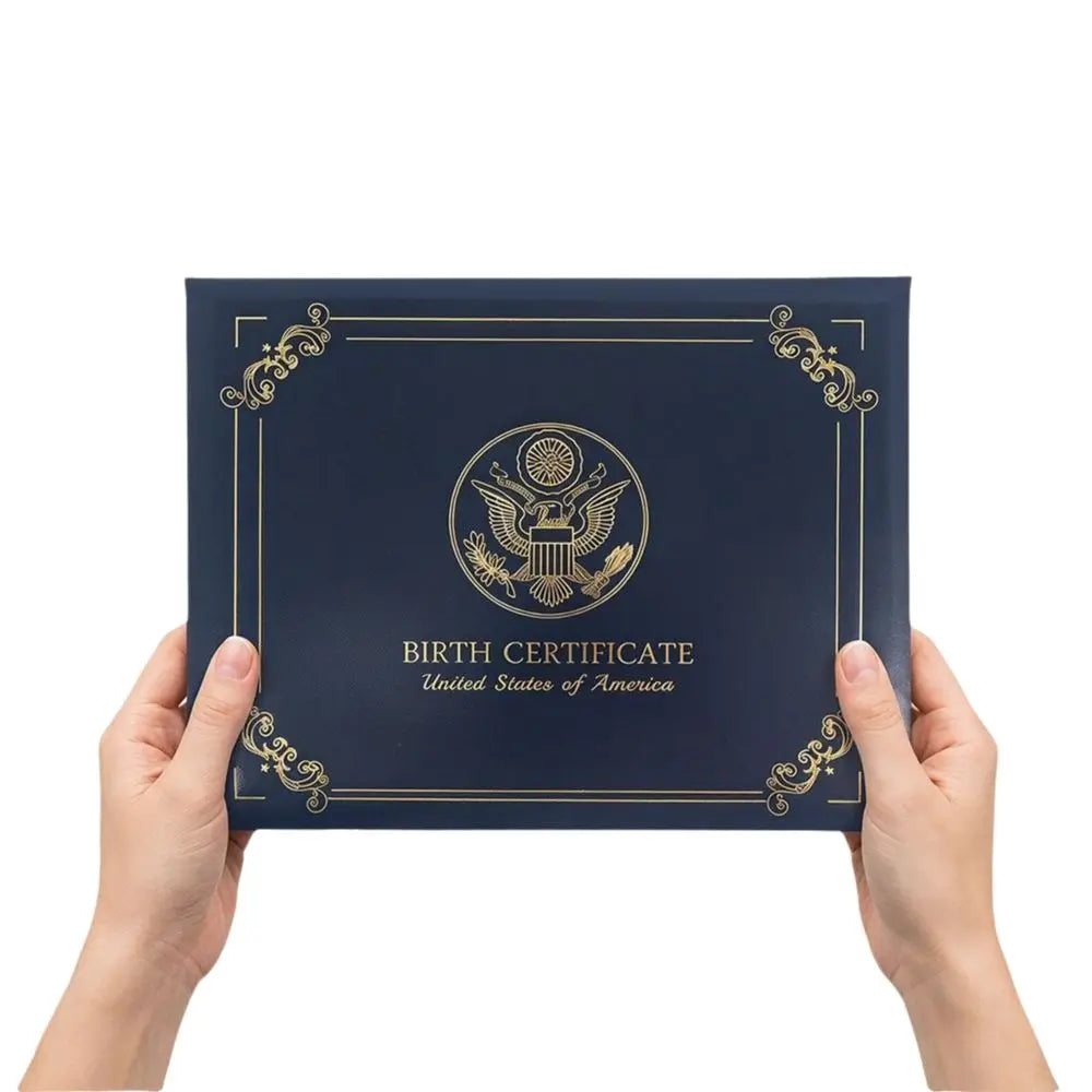 Elegant birth certificate holder with a dark blue PU leather cover featuring a gold emblem.