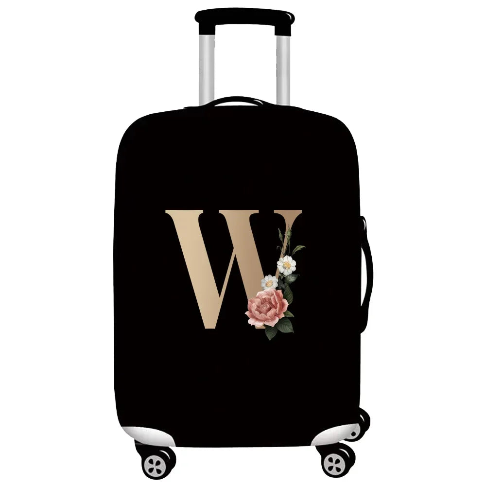 Black premium stretch luggage protective cover with gold initial W and pink floral accent