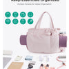 A light pink tote bag with multiple pockets is shown next to various small electronic accessories and personal items.
