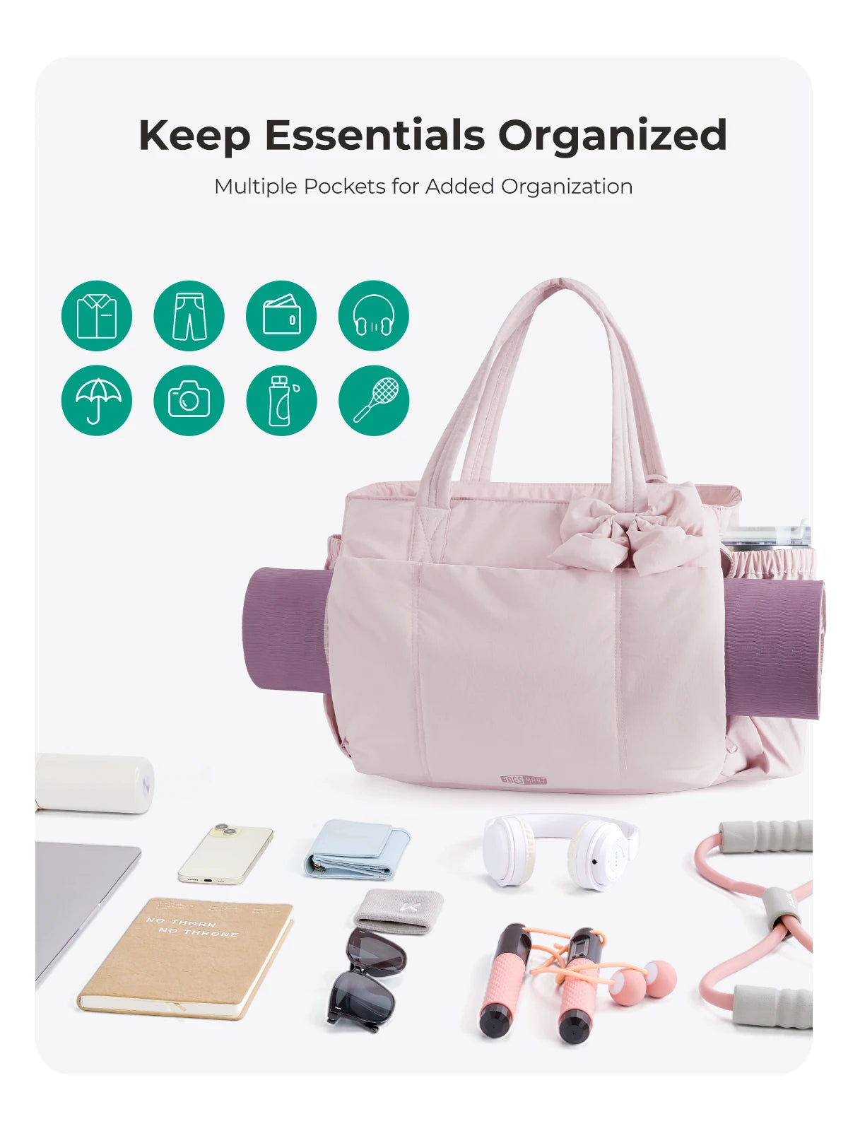A light pink tote bag with multiple pockets is shown next to various small electronic accessories and personal items.