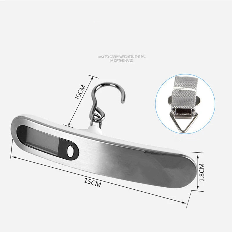 A silver portable digital luggage scale with a handle and measuring markings.