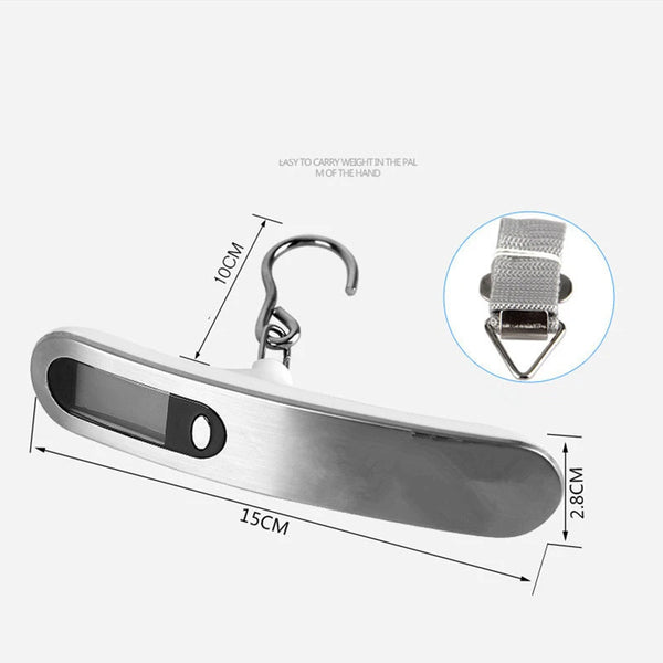 A silver portable digital luggage scale with a handle and measuring markings.