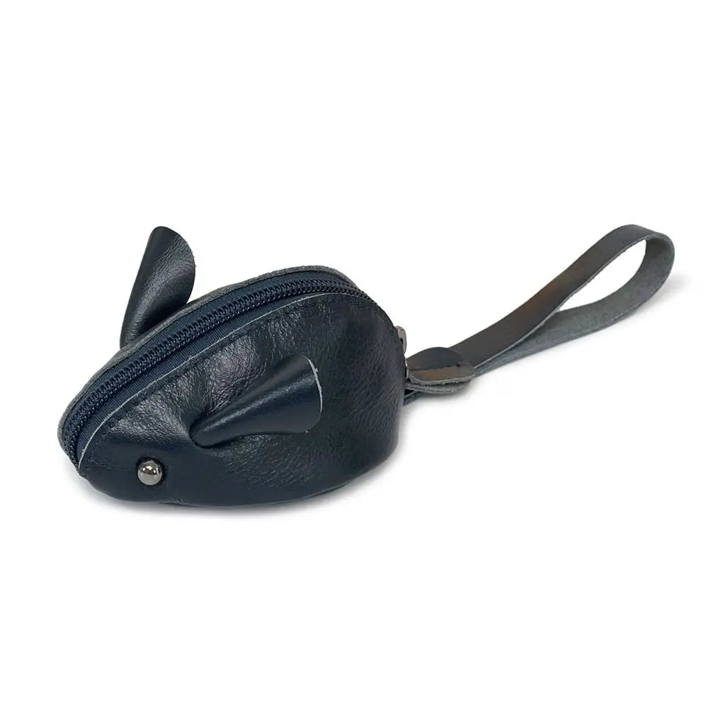 Portefeuille en cuir foncé en forme de souris de dessin animé vintage avec fermeture éclair et sangle.