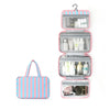 Bolsa de tocador colgante de 4 pliegues a rayas rosa y azul con múltiples compartimentos.