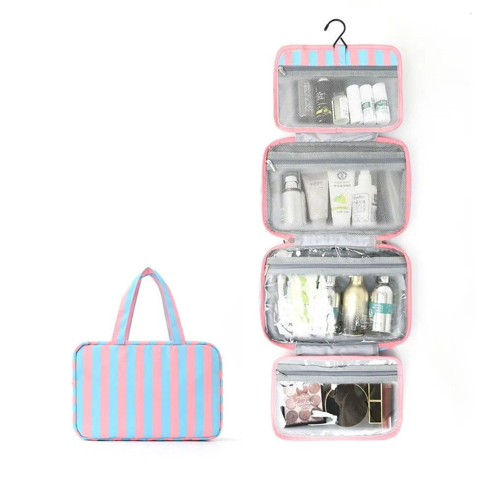 Bolsa de tocador colgante de 4 pliegues a rayas rosa y azul con múltiples compartimentos.