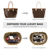 Diagram showing the transformation of messy luxury bags into clean and organized ones using a felt purse organizer insert.