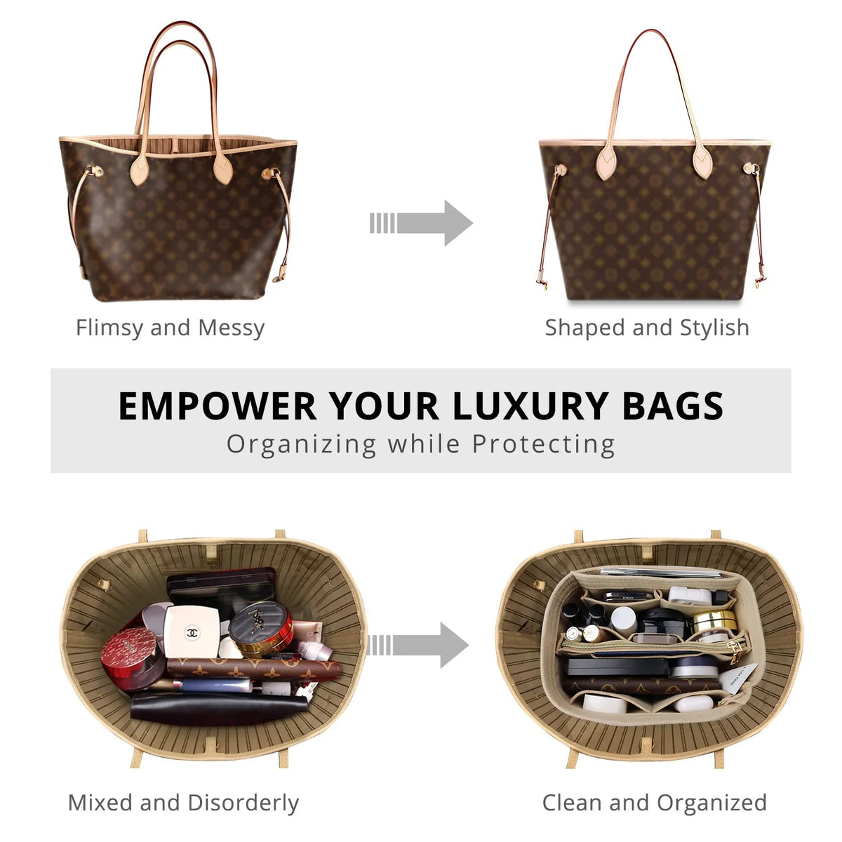 Diagram showing the transformation of messy luxury bags into clean and organized ones using a felt purse organizer insert.