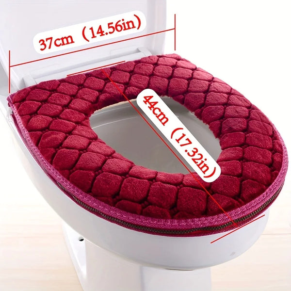 A maroon plush waterproof toilet seat cover is shown inside a white toilet bowl.