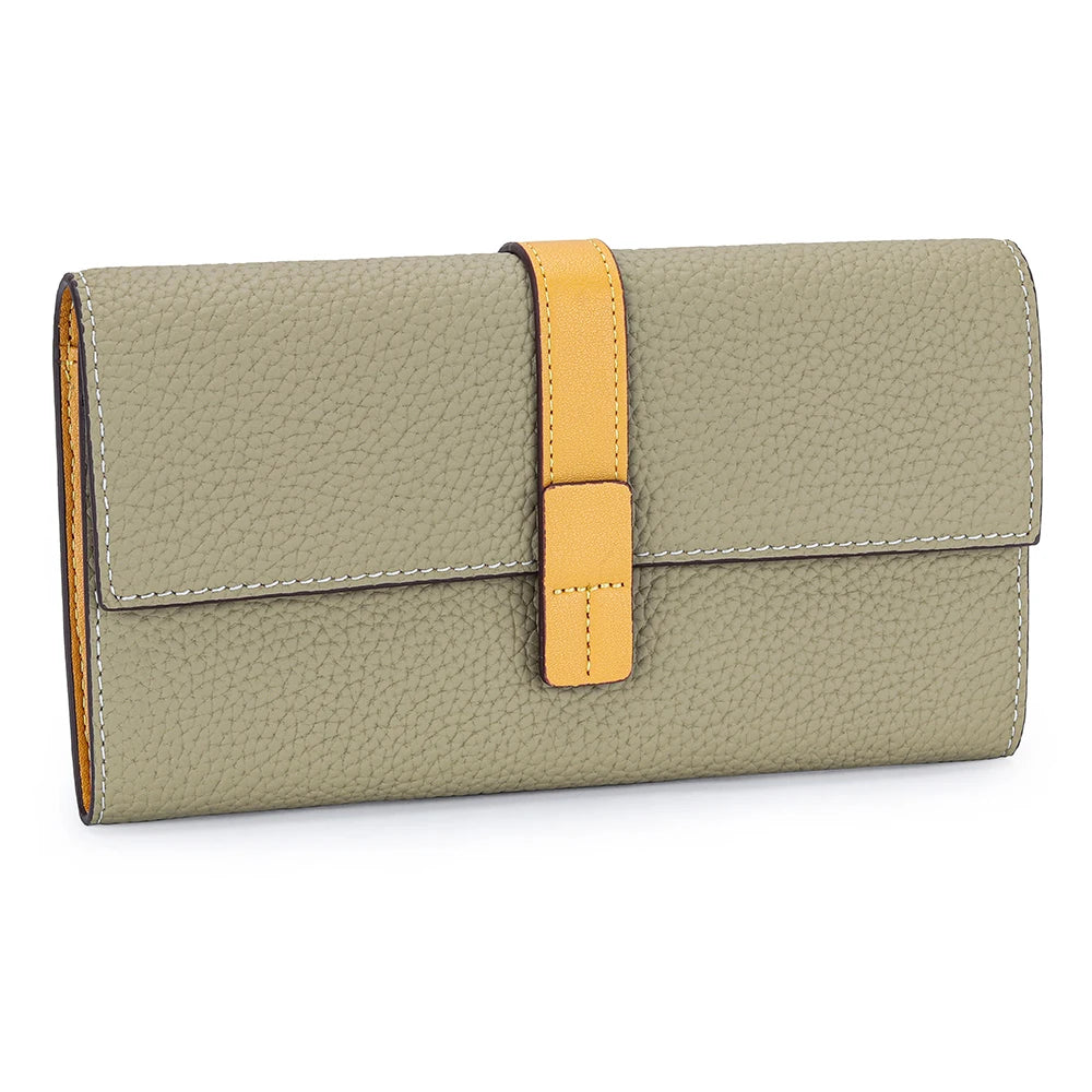 A light olive green genuine cow leather bifold wallet with a tan leather strap.
