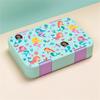 A light blue portable kids lunch box featuring colorful illustrations of mermaids and sea creatures.
