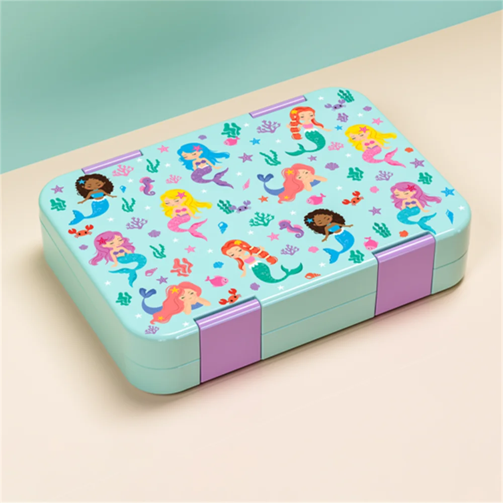A light blue portable kids lunch box featuring colorful illustrations of mermaids and sea creatures.