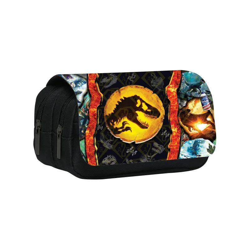A black pencil case featuring a graphic design of a dinosaur head and fiery elements.