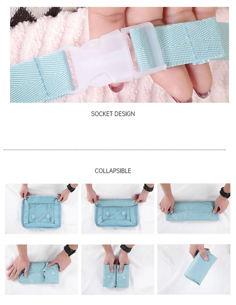 A set of seven folding travel organizer bags in light blue and mint green fabric.