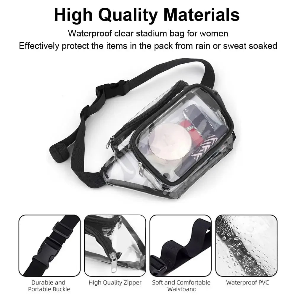 Clear waterproof stadium bag for women with a black strap and durable buckle.