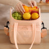 A light pink insulated lunch bag is shown being held by a hand, filled with fresh fruit like oranges and apples.