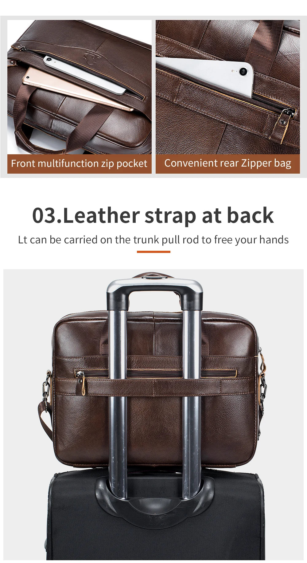 Brown genuine cowhide leather briefcase bag with a leather strap at the back