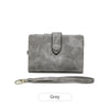 A grey women's multi-slot frosted card wallet with a leather strap.