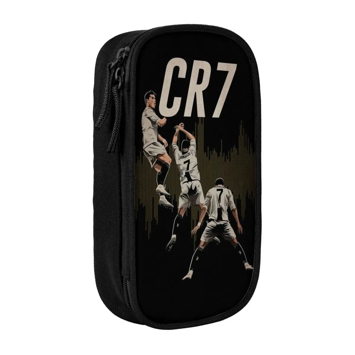Black pencil case featuring a graphic of a soccer player and the text CR7.