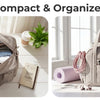 A beige expandable lightweight travel duffle bag filled with various travel essentials on a white surface.