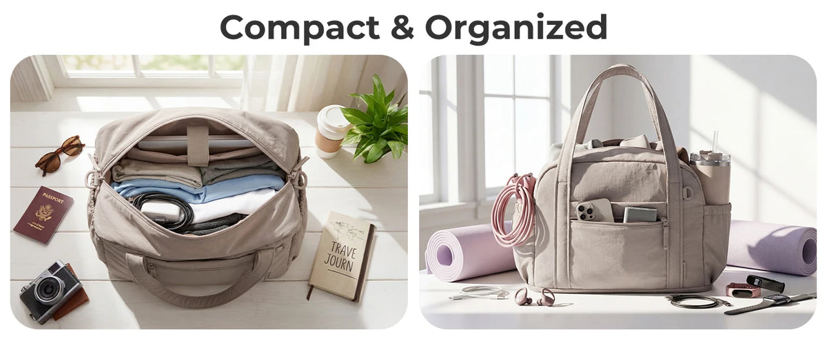 A beige expandable lightweight travel duffle bag filled with various travel essentials on a white surface.