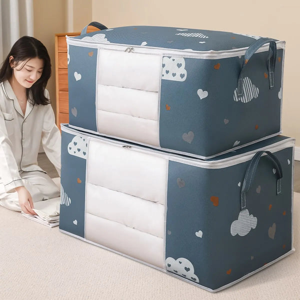 A light blue storage organizer bag with white padded inserts is shown next to a wooden cabinet.