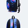 A set of three blue and purple galaxy-themed backpacks shown from the back and front.
