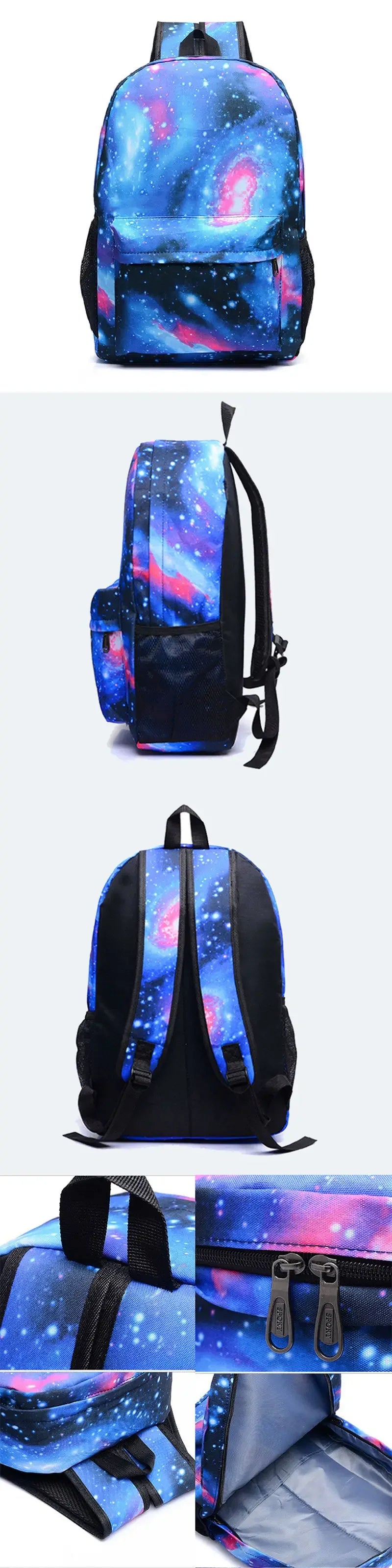 A set of three blue and purple galaxy-themed backpacks shown from the back and front.