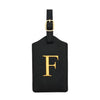 Black PU leather luggage tag with a gold initial F and a metal loop for attachment.