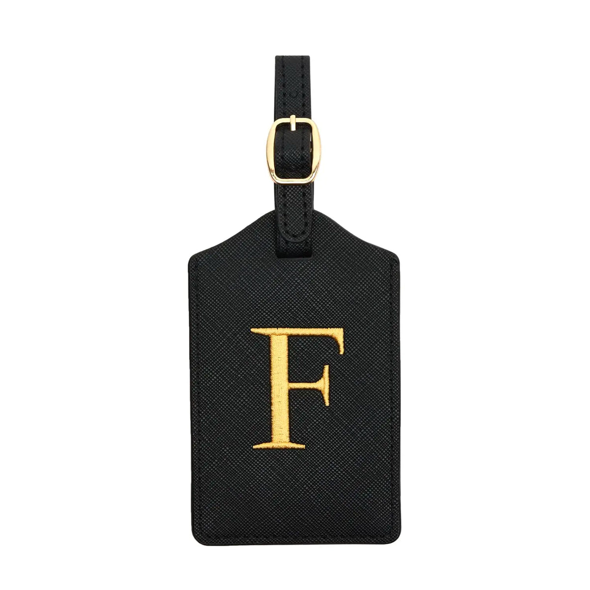 Black PU leather luggage tag with a gold initial F and a metal loop for attachment.