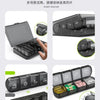 A black weekly pill organizer with 7-day compartments shown in various angles and comparisons.